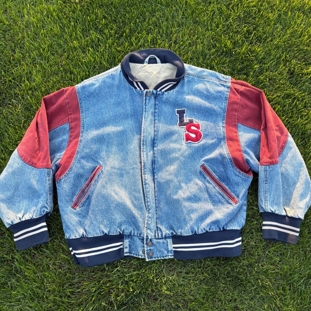 A+ Levis Denim Varsity Bomber Jacket Mens XL Faded Blue Red LS Patch 70601-0289